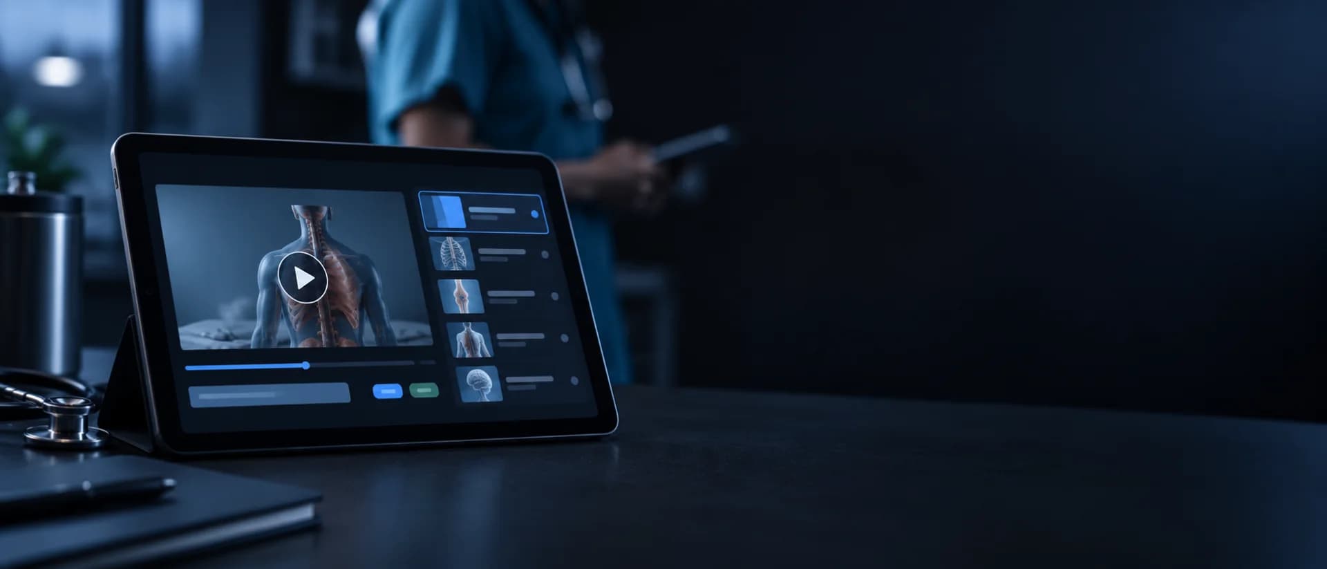A nurse training lesson playing on a tablet, one module from the video library built for Cachet.